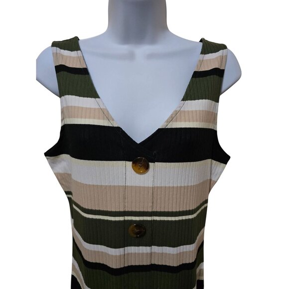 Green/Black/White Striped Button Down Sleeveless Dress L - Picture 3 of 6